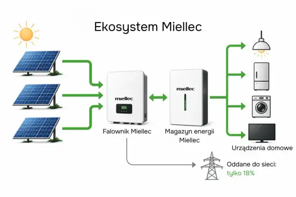 Schemat pokazuje, jak obliczyć autokonsumpcję: panele słoneczne, falownik, magazyn energii i urządzenia domowe. Tylko 18% energii oddano do sieci.