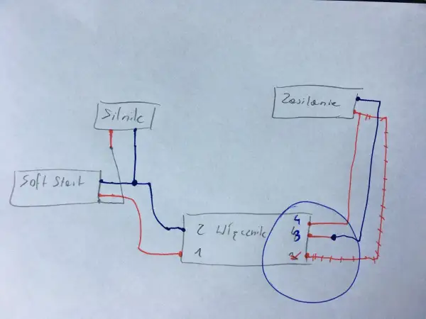 Schemat soft start: zasilanie, silnik i wyłącznik połączone przewodami.