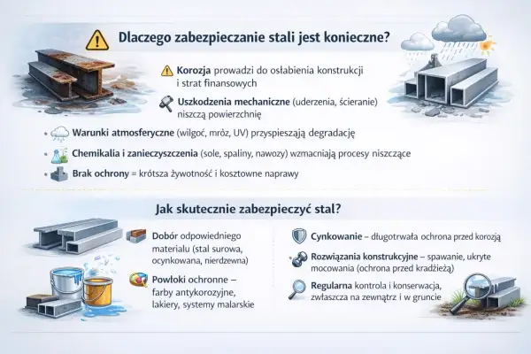 Jak zabezpieczyć piec przed korozją? Ilustracja pokazuje metody ochrony stali: cynkowanie, powłoki ochronne, dobór materiału i kontrola.
