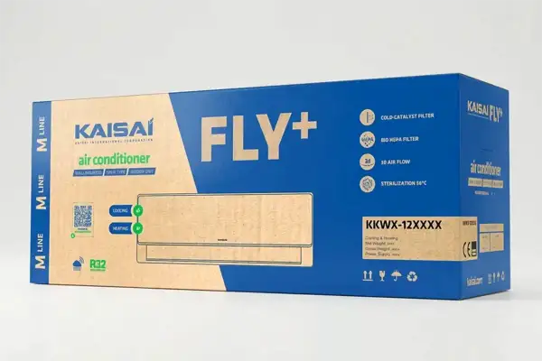 Opakowanie klimatyzatora Kaisai Fly+ z informacją o chłodzeniu i grzaniu. Zastanawiasz się, ile prądu zużywa klimatyzacja 3.5 kW? Ten model oferuje efektywność energetyczną.