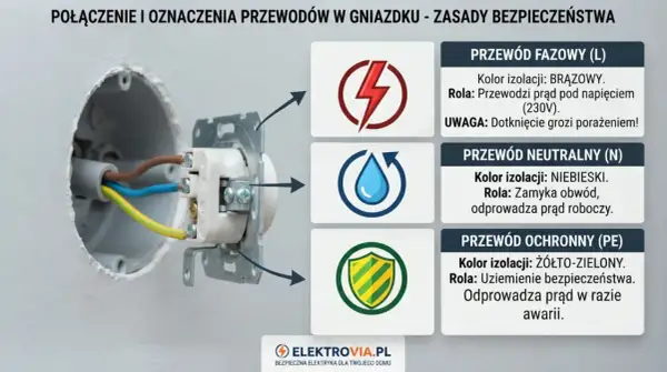 Widok gniazdka elektrycznego z przewodami: brązowym (fazowy), niebieskim (neutralny) i żółto-zielonym (ochronny).
