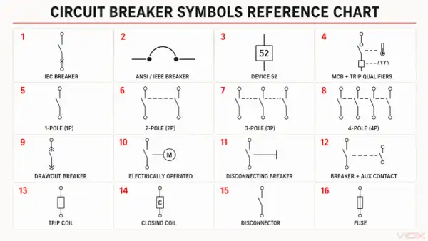 Schemat przedstawia różne symbole wyłączników, w tym łącznik świecznikowy symbol.