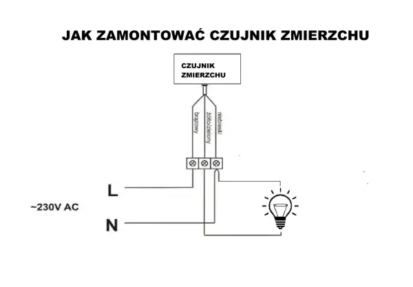 Schemat pokazuje, jak podłączyć czujnik zmierzchu do lampy. Podłącz przewód fazowy (L) i neutralny (N) do odpowiednich zacisków czujnika, a następnie do lampy.