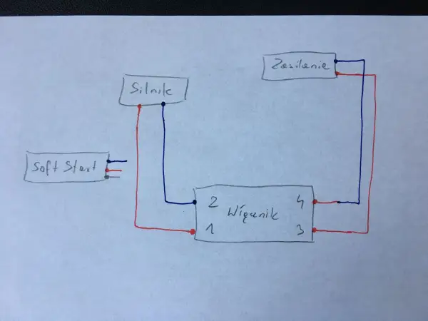 Schemat soft start 230V: zasilanie, silnik i wyłącznik połączone przewodami.