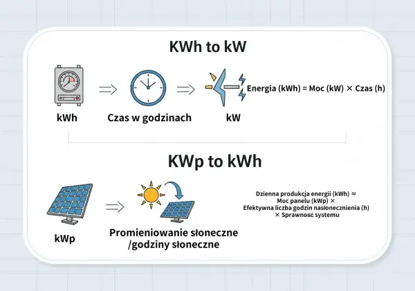 Diagram wyjaśnia, jak obliczyć energię (kWh) z mocy (kW) i czasu, oraz jak oszacować dzienną produkcję energii (kWh) z mocy panelu (kWp) i godzin słonecznych.