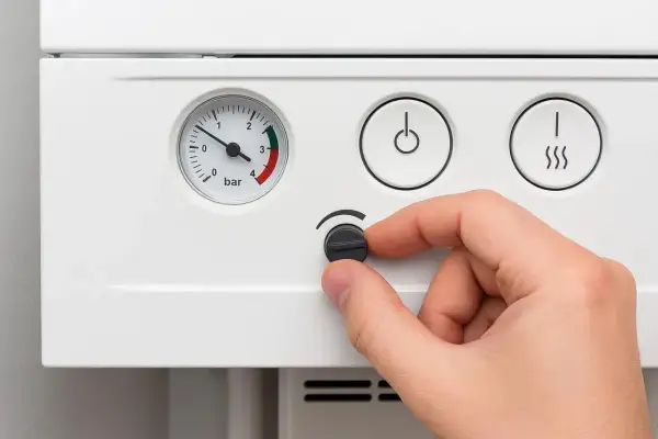 Dłoń reguluje pokrętło, pokazując, jak szybko obniżyć temperaturę na piecu. Widoczny manometr i przyciski.