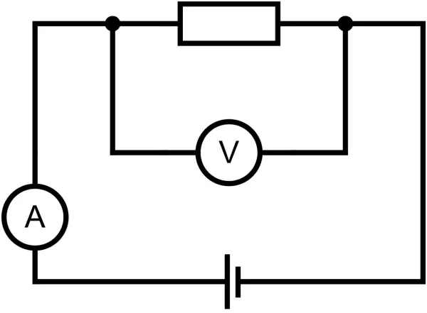 Schemat obwodu elektrycznego z baterią, amperomierzem (A) i woltomierzem (V) do obliczania prądu.