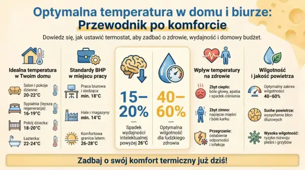 Idealna temperatura w domu: salon 20-22°C, sypialnia 16-19°C. Minimalna temperatura w mieszkaniu to 16°C dla lepszej regeneracji.